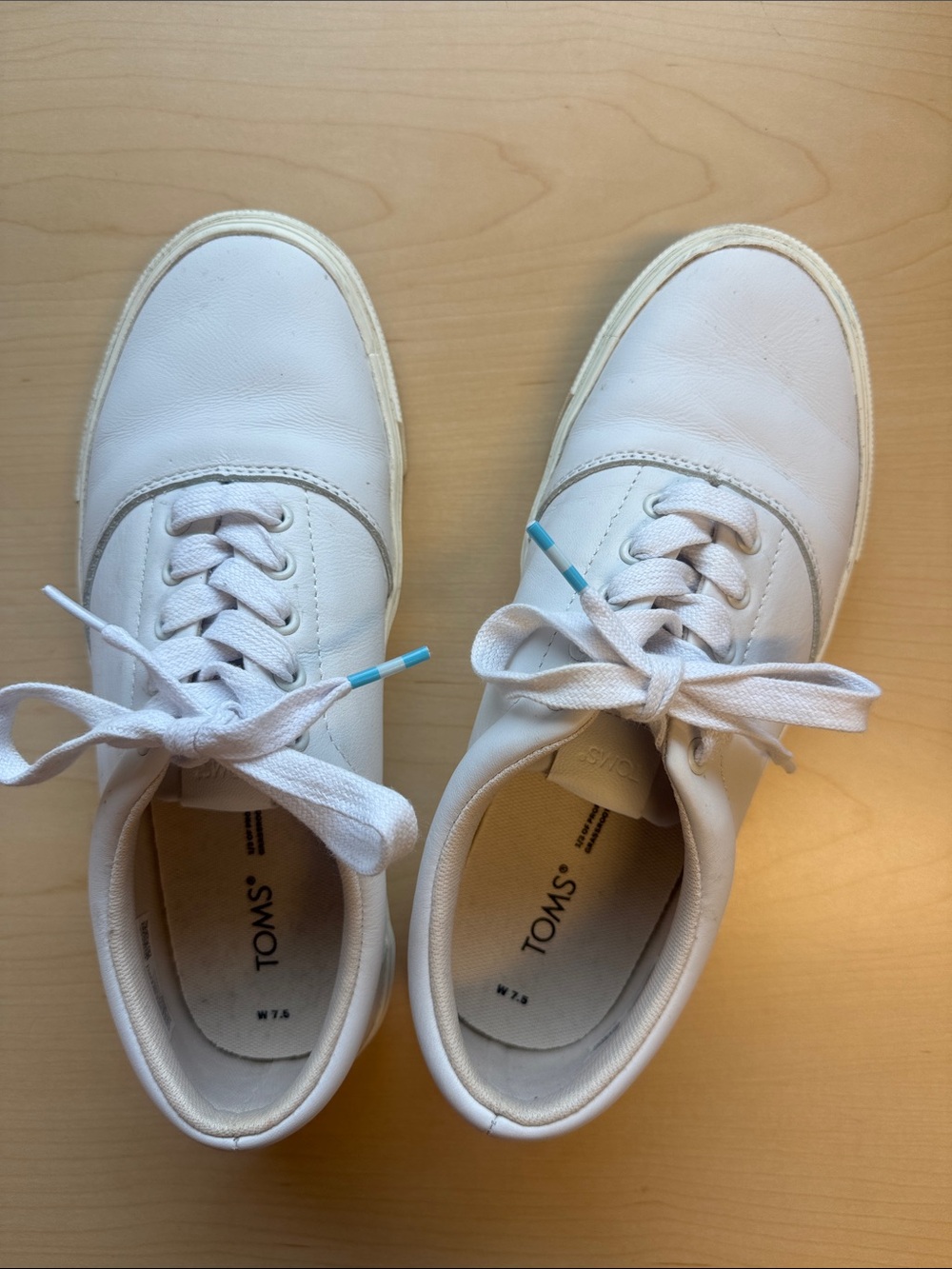 TOMS White Leather Low-Top Sneakers with Blue Aglet Accents